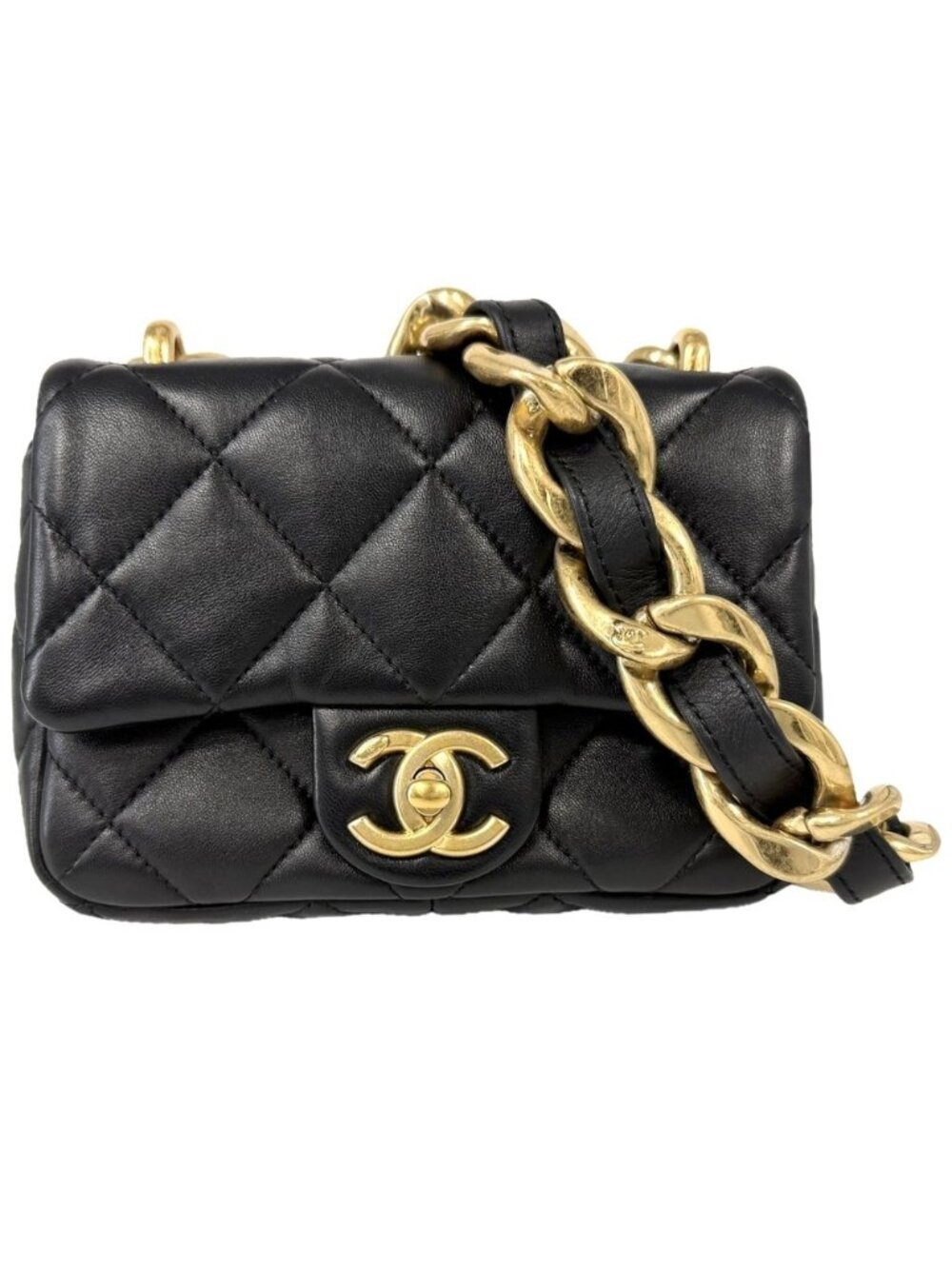 Chanel Shoulder Bag Mini Quilted Chain Turnlock Mini CC Logo Lambskin Black